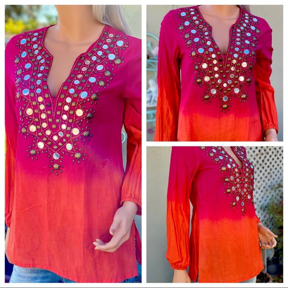 🎉HP MICHAEL KORS Retro Tie-die Ombré BoHo Gypsie Chic Beaded Mirrored Blouse - Picture 11 of 15